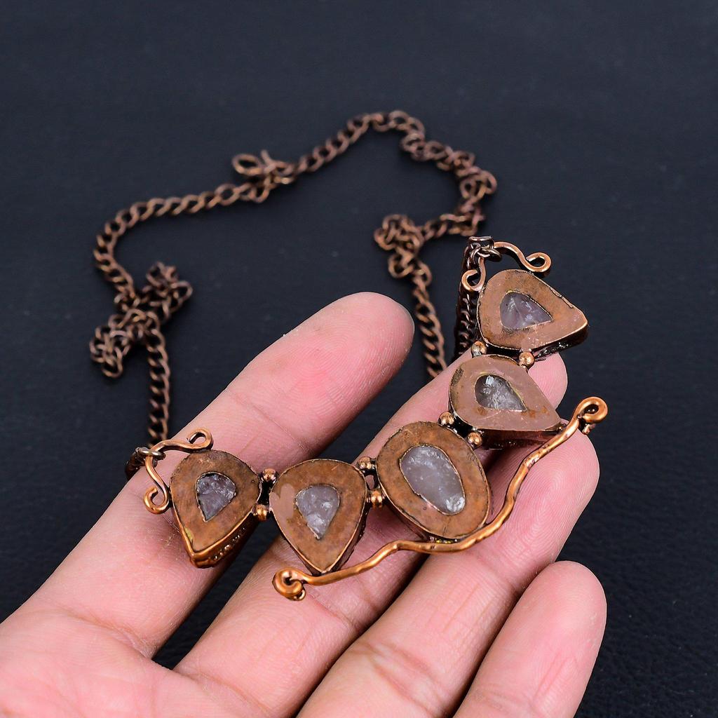 Rose Quartz Necklace, Gemstone Copper Electroformed Handmade Wonderful Jewelry Necklace, Gift for Introverted