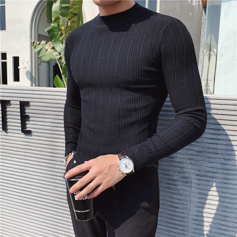 Men's High-Elasticity Ice Silk Ribbed Long Sleeve Striped T-Shirt