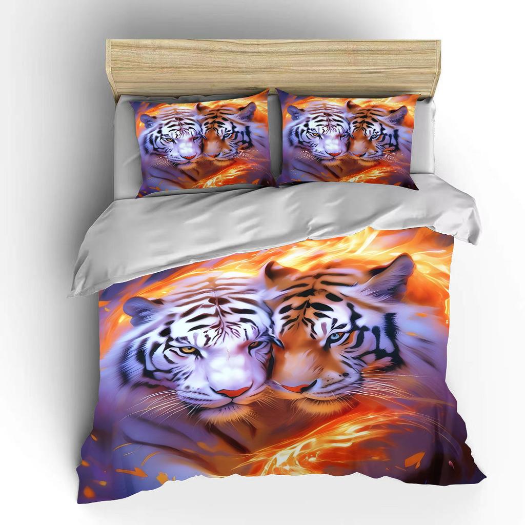 Two Tigers with Fiery Glow Print Soft Comfortable Duvet Cover Bedding Set Included 1*Duvet Cover 2*Pillowcases Luxury Gifts