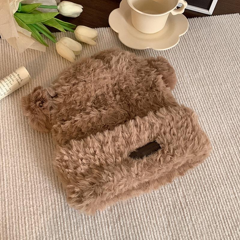 Cute bear wool hat women's winter high-end plush warm fluffy autumn and winter big head circumference knitted hat