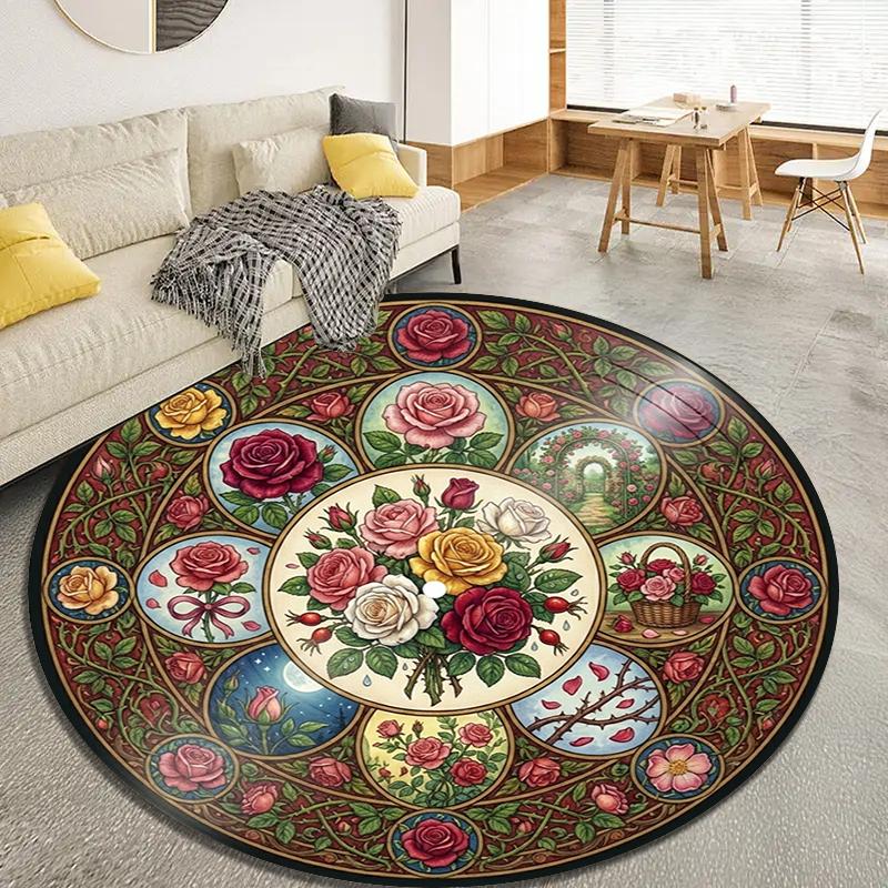 Vintage Datura Flower Round Area Rug,Carpet Rug for Living Room Bedroom Sofa Playroom Decor,Non-slip Floor Mat Q0051