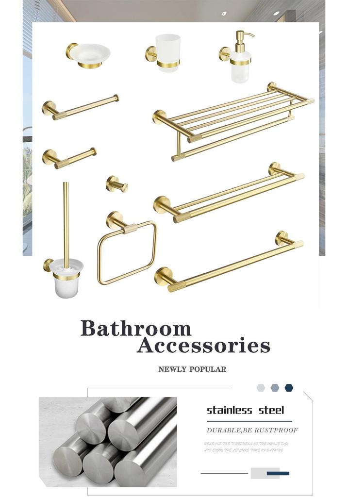 Luxury Brushed Gold Bathroom Accessory Set: Towel Rack, Bar, Paper Holder, Hook, Soap Dispenser.