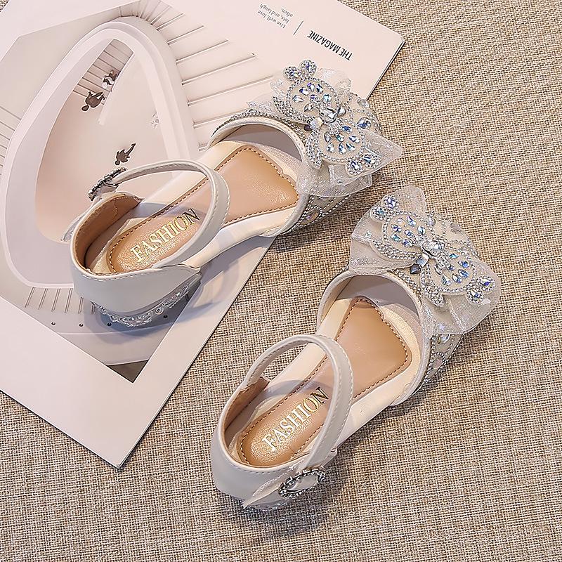 Bow High Heel Girls' Sandals: Summer Closed-Toe Crystal Princess Shoes 2025 - Soft Sole for Comfort