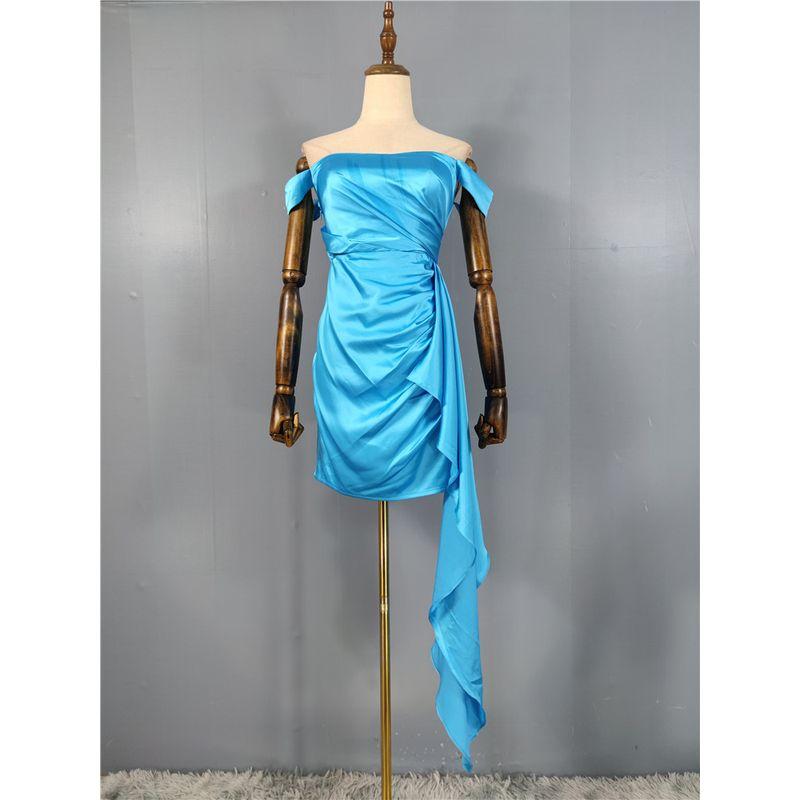 

Export Single Lu Home Accessible Luxury Smooth Satin off-Neck Sexy off-Shoulder Elegant Ribbon Design Sheath Dress Peacock Blue XL