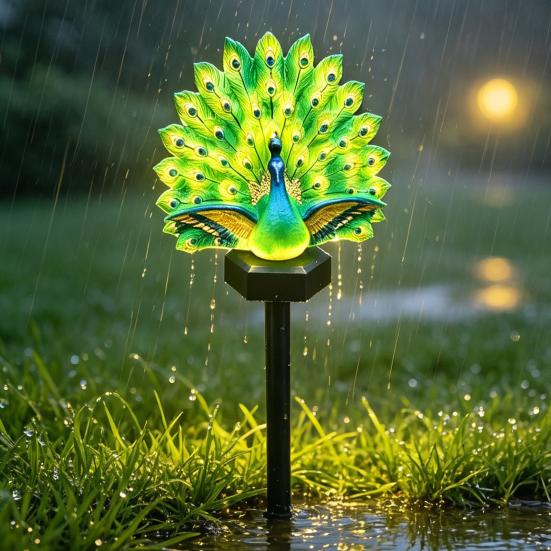 Illuminated Tropical Garden Sculptures Solar Peacock Light, Outdoor Sculpture with Auto-On LED Brightening Lawn Accents for Summer Lights,