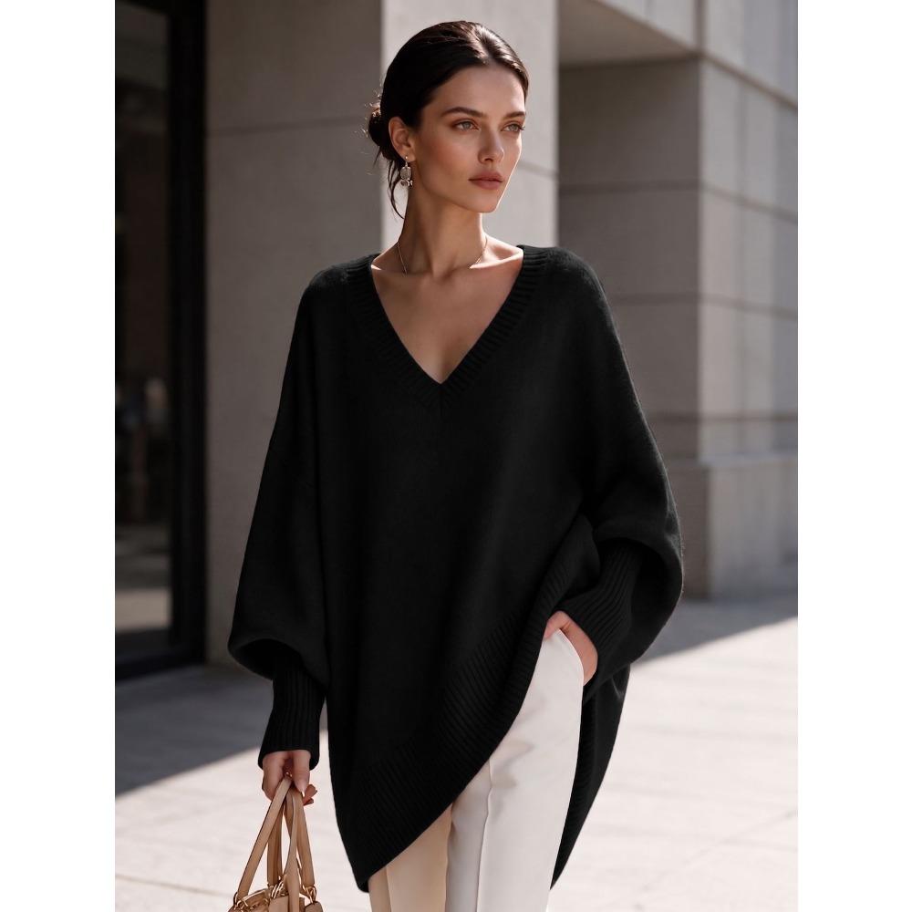 Women V Neck Loose Sweater Mid Length Long Sleeve Cozy Knit Top Fall Winter