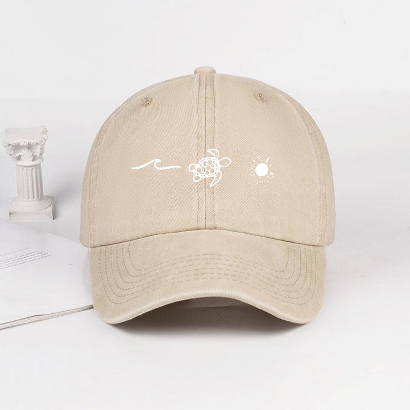 Retro Washed Baseball Cap With Wave, Turtle, And Sun Print – Unisex Adjustable Dad Cap – Summer Beach Sun Hat