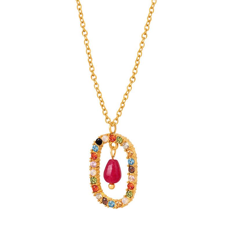 Natural Agate & Czech Diamond Pendant Necklace, 18K Gold Titanium Steel Versatile Collarbone Chain Jewelry