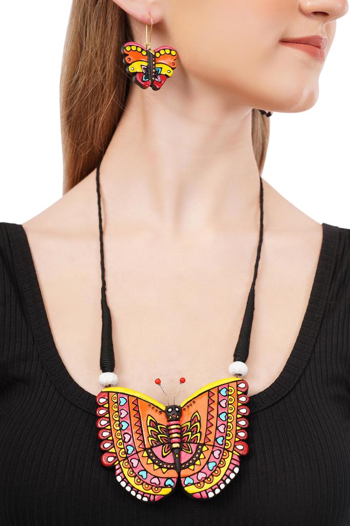 Handmade Clay Butterfly Necklace Earring Set