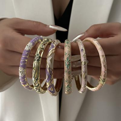 Vintage Enamel Floral Rhinestone Spring Bracelets Set for Women Delicate Leaves Floral Multi-layer Bangles Party Jewelry Gift