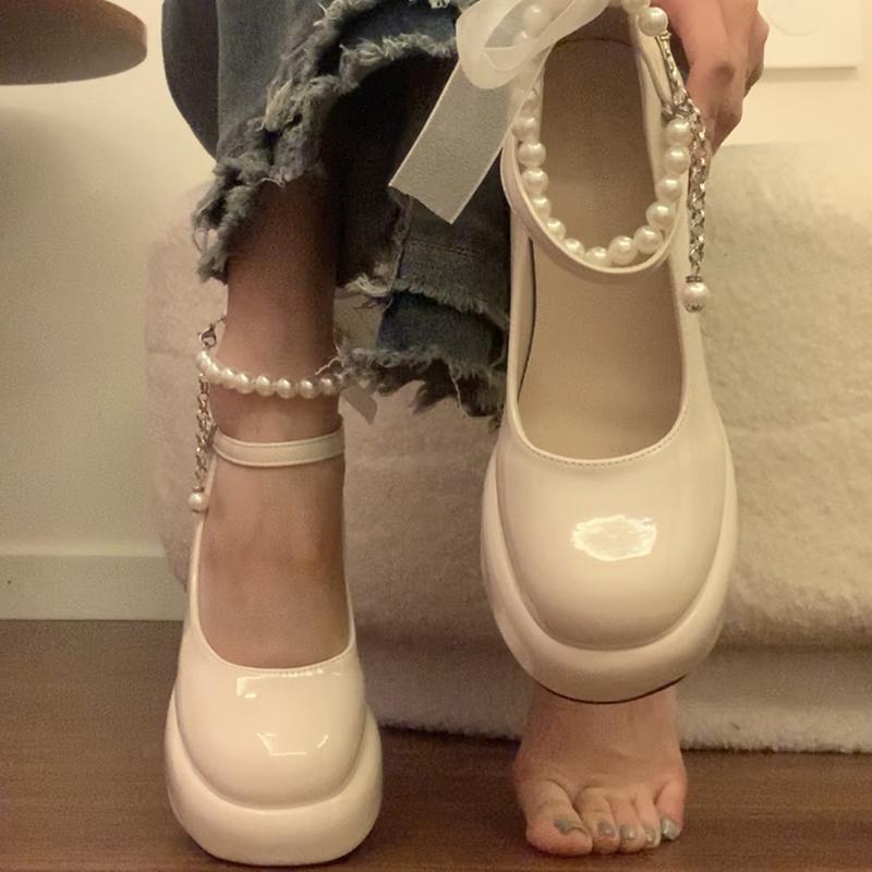 

Дизайнерские женские туфли Мэри Джейн Элегантные туфли-лодочки на толстом высоком каблуке для платья Женские туфли на платформе из кожи 35 бежевый