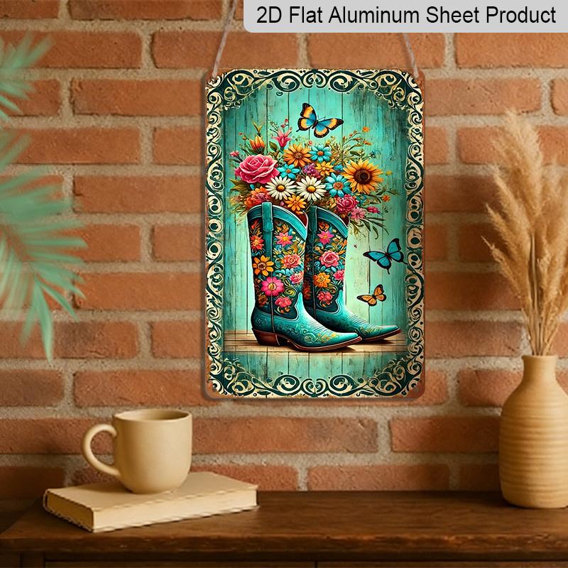 2D Flat, 1pc Western Retro Floral Boots Aluminum Wall Art Sign - 8x12 Inch Rustic Turquoise Boots with Vibrant Flowers & Butterflies, Durable