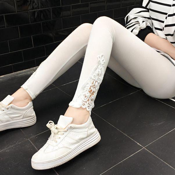 Korean Style High Waist Lace Slimming Leggings - Versatile Nine-Point Pants for Spring & Autumn