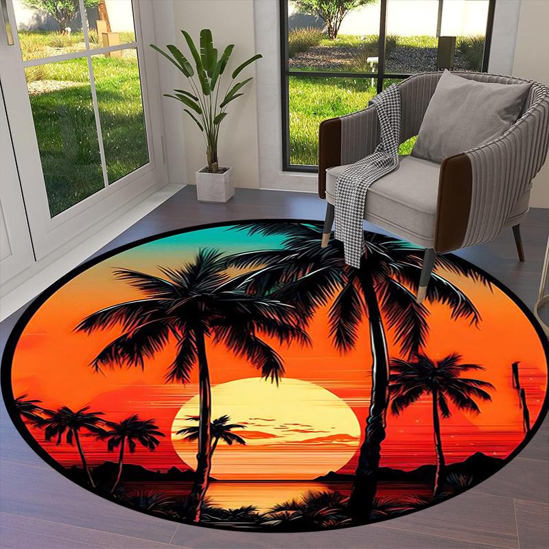 1pc Tropical Sunset with Palm Trees Round carpet, Made of Polyester,Office Chairs, Living Rooms, Or Bedrooms, a Cool Rug for The Living Room.ydt26075