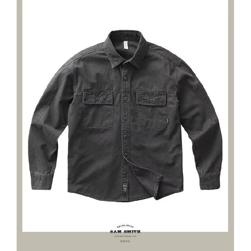 Trendy heavy-duty work shirt for men, thickened twill, loose fit, American retro style, spring and autumn, army green shirt jacket