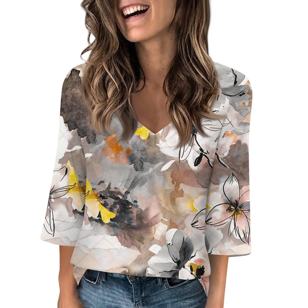 Women's V Neck 3/4 Sleeve Tops Casual T Shirts Basic Summer Tees Loose Pullover Top