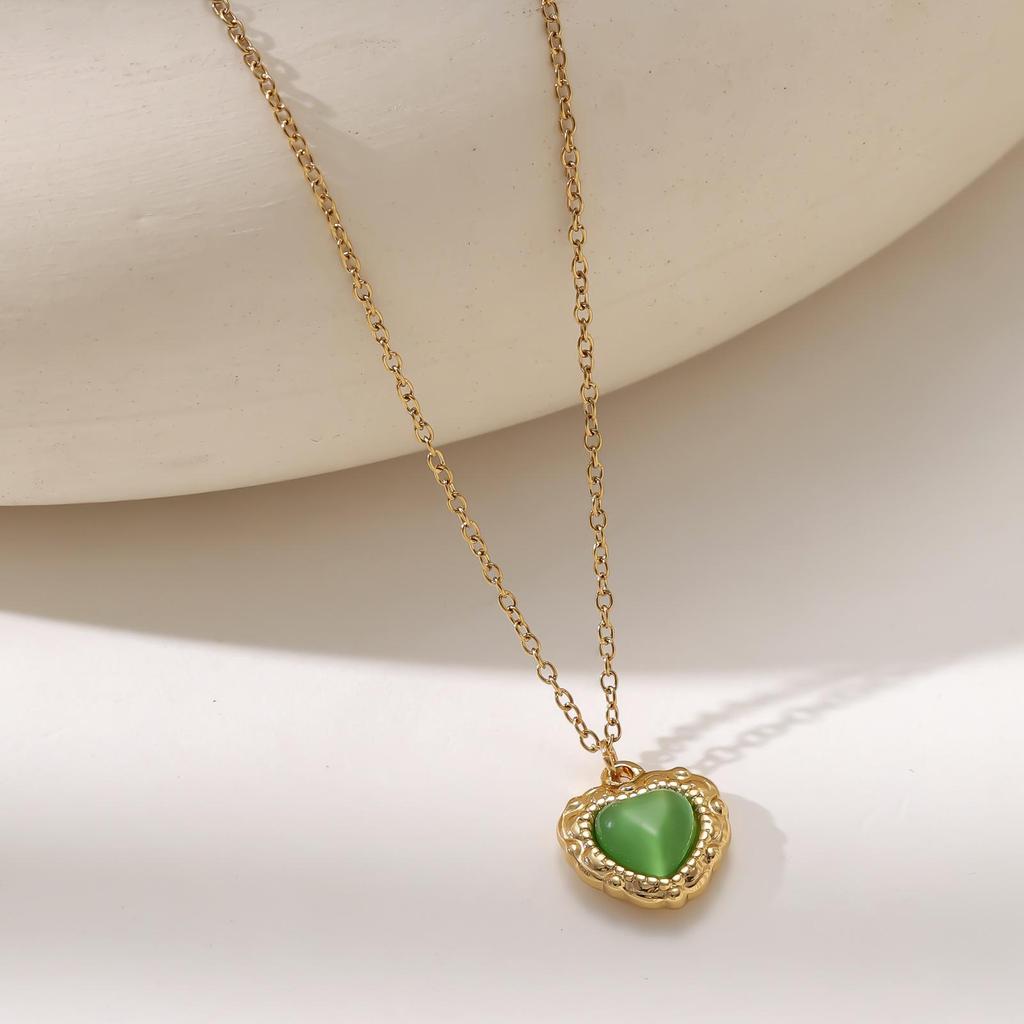 18K Gold Cat's Eye Heart Necklace - Women's Stainless Steel Heart Pendant Clavicle Chain