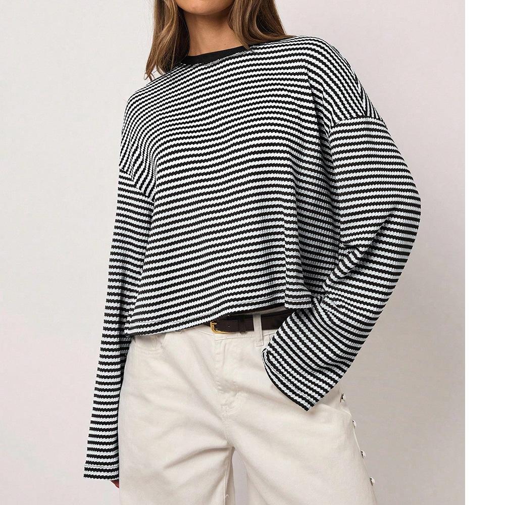 Womens Striped Knit Long Sleeve Loose T Shirt