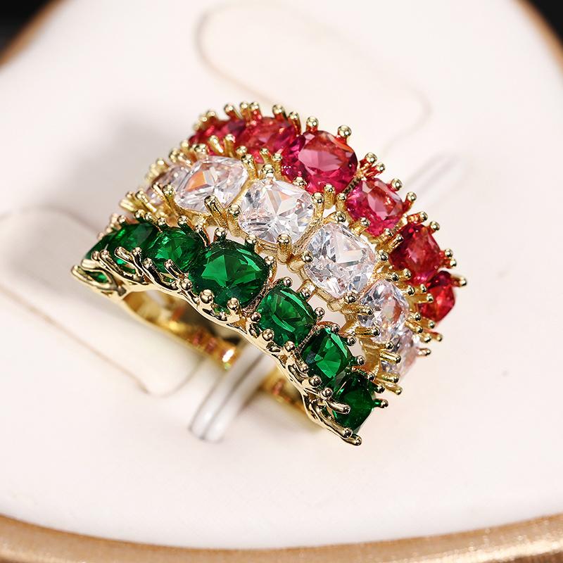 Huitan Three-layers Red/White/Green Cushion Cubic Zirconia Women Rings Luxury Gold Color Wedding Band Accessories Trendy Jewelry