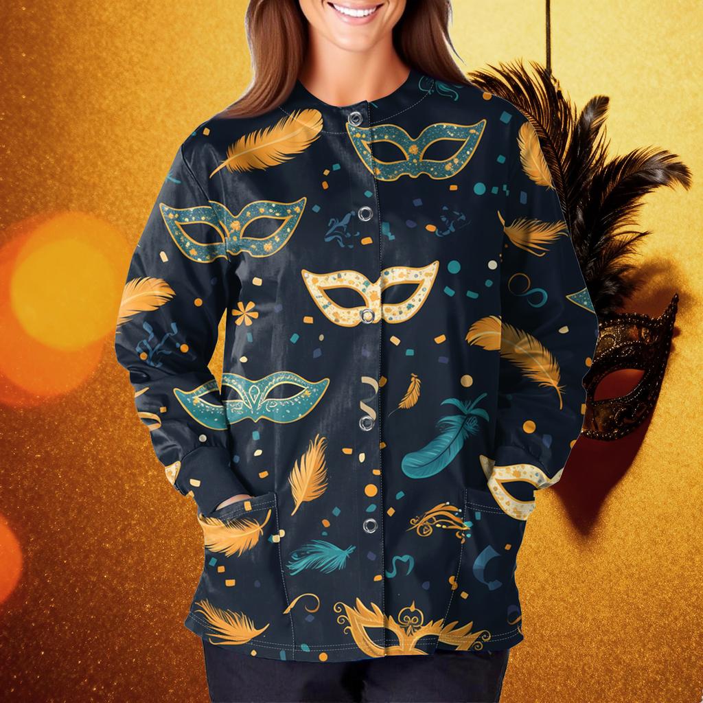 Women's Casual Fashion Long Sleeve Standing Collar Single Breasted Carnival Print Workwear Jacket Tops