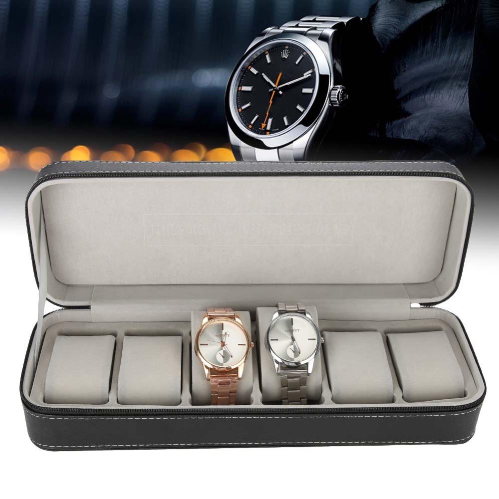 Anti-scratch PU Leather Watch Bag Black 6 Slots Watch Storage Zipper Type Dustproof Watch Case Watch Protection