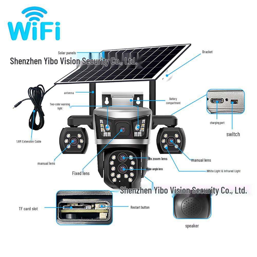 V380 Solar-Powered 4G WiFi Outdoor HD Panoramic Camera with Three-Eye Zoom