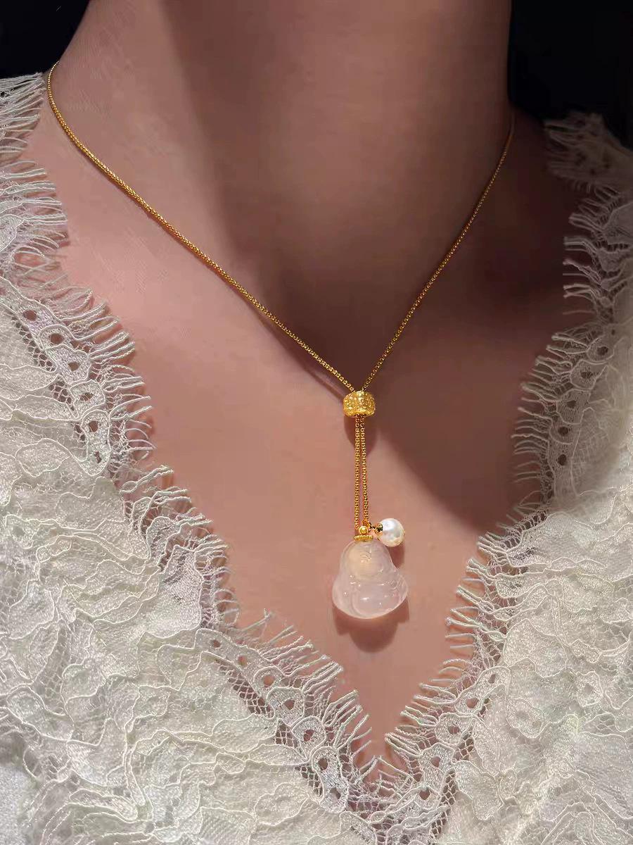Natural Jade Maitreya Buddha Gong Pendant White Chalcedony Sweater Necklace Women s Agate Jade Buddha Autumn and Winter Long Clavicle Chain