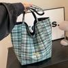 Stylish Korean Literary Inspired Plaid Double-sided Shoulder Tote Bag For School Use