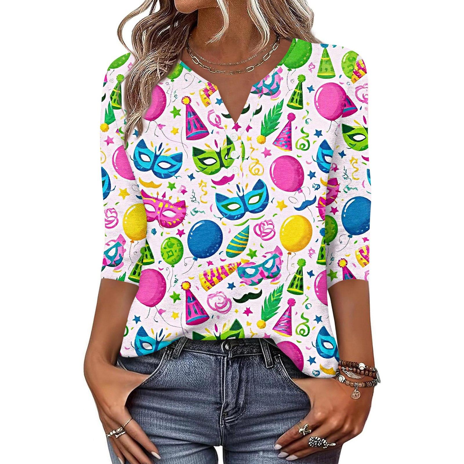 

Жен. Футболка С принтом Пуговицы Рукав 3/4 Повседневные Выходные Мода Классический Классический V-образный вырез Обычный Верх L