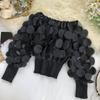 Women Tops Off Shoulder Puff Long Sleeve Elastic Waist Short Tops Perspective Mesh Yarn Casual Tops Party Daily Wear