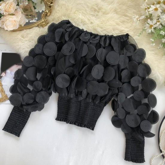 Women Tops Off Shoulder Puff Long Sleeve Elastic Waist Short Tops Perspective Mesh Yarn Casual Tops Party Daily Wear