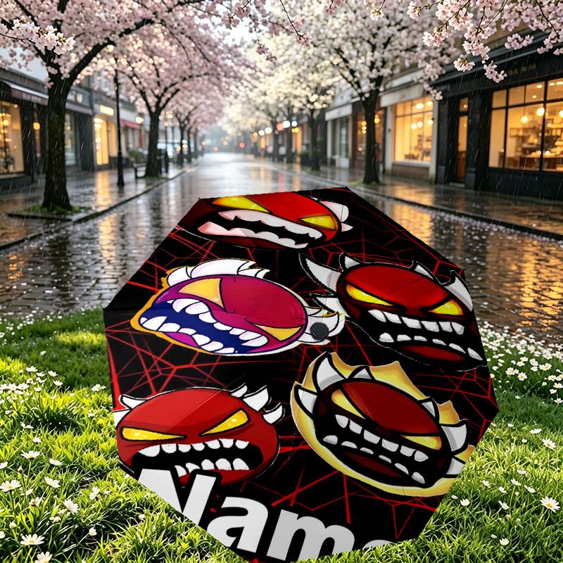 Custom Name Personalized Geometry Dash Print Umbrella, Auto Open Close, 8‑Rib Sturdy Frame, Commute Camping Hiking Use, Birthday Gift