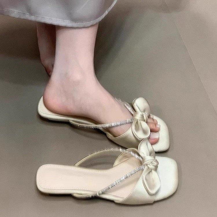 Fashion summer French retro bow open-toed slippers women's rhinestone sweet cool slippers low heel versatile one-word drag