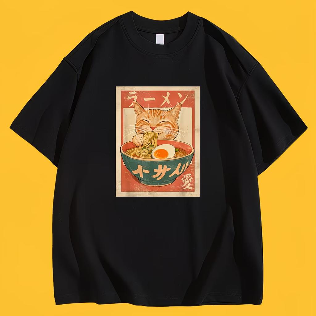 Vintage Japanese RaUnisex Cat TShirt Retro Anime Graphic Tee Summer Short Sleeve Harajuku Kawaii Streetwear Casual Fashion Tops