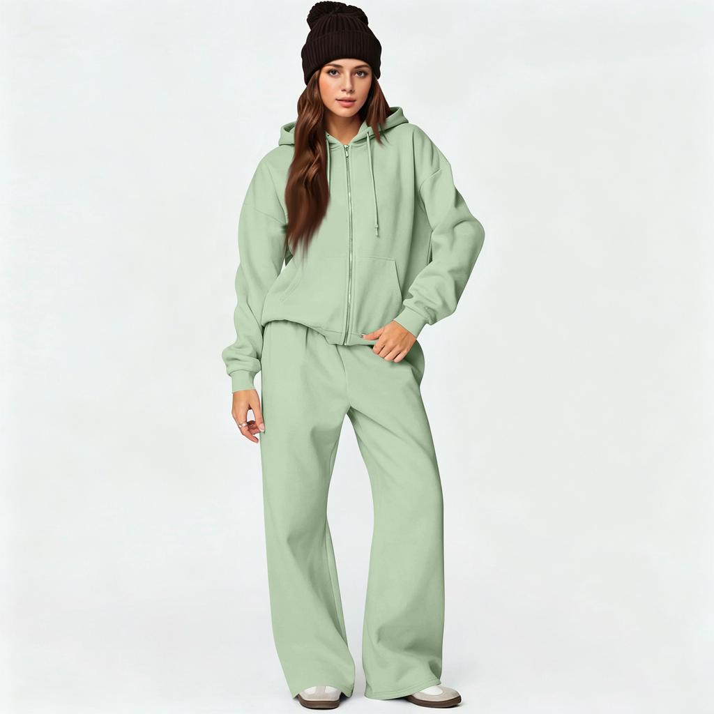 Damen Reißverschluss Hoodie und Weite Hosen 2-teiliges Set, Lockerer Trainingsanzug