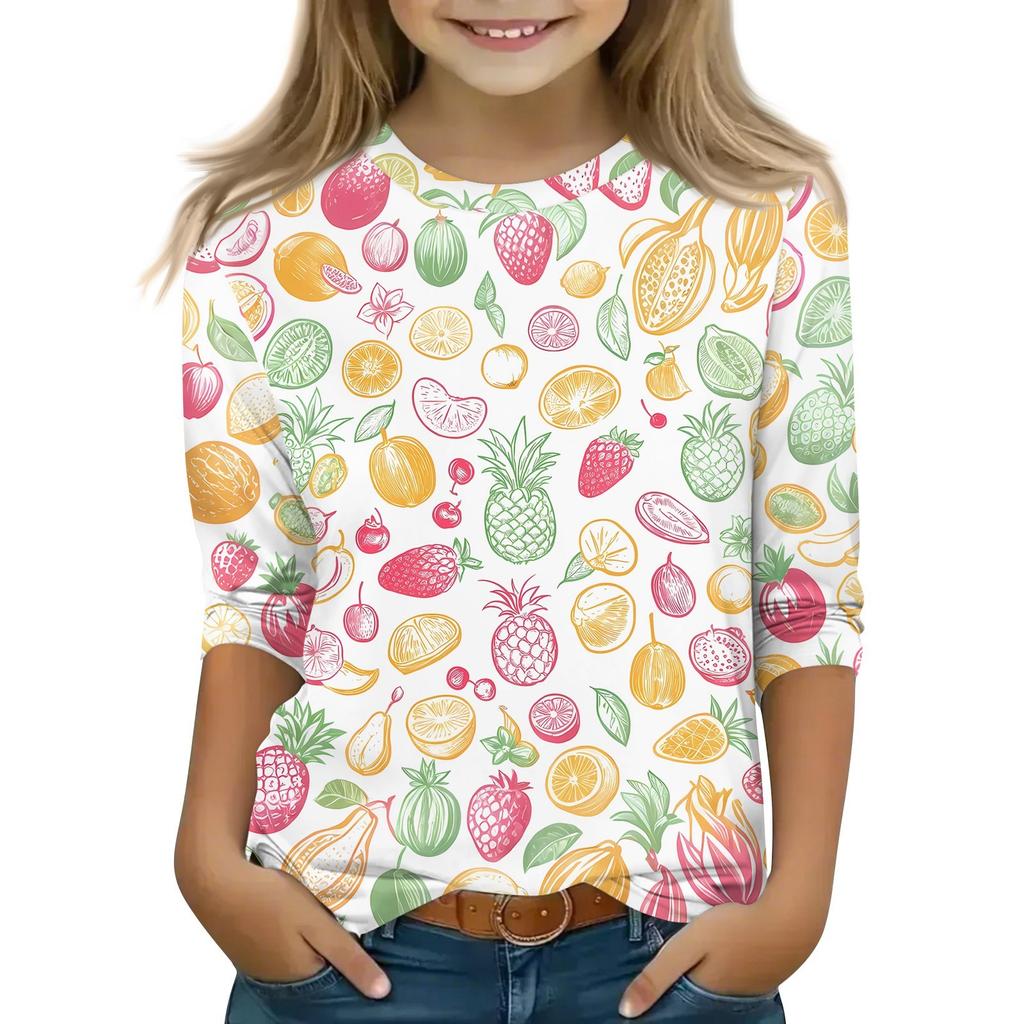 Tops à manches 3/4 pour enfants T-shirt imprimé décontracté Col rond Pull Blouse