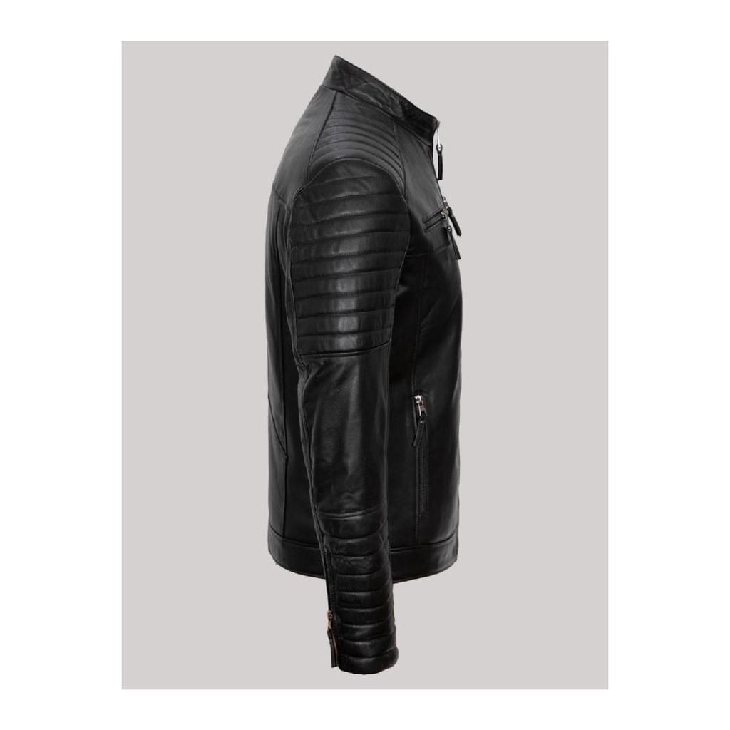 Genuine Leather Black Four Pocket Embroidered Men's Leather Jacket