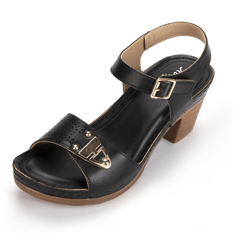 

Roman Breathable Sandals Summer Shoes Women 2026 Leather Chunky High Heels Casual Comfortable Beach Shoes Sandalias Femininas 36 чёрный