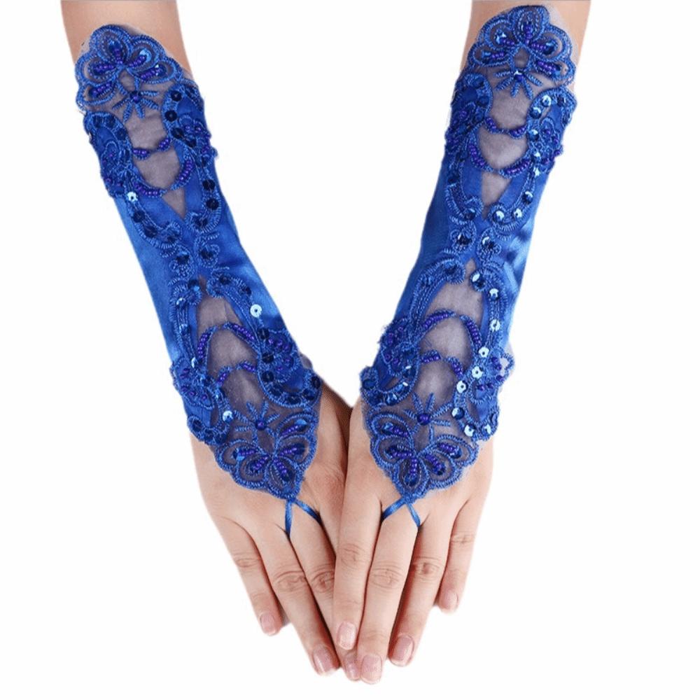 Lace Embroidery Bridal Gloves Rhinestone Decor Wedding Gloves Performance Gloves Fashion синий
