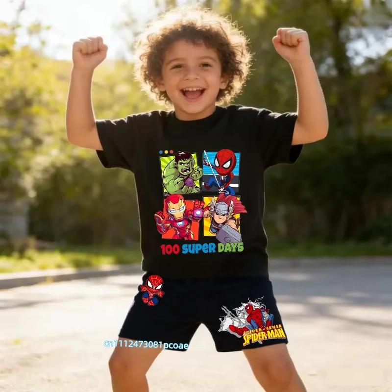 Boys' Summer Cartoon Spider-Man Short-Sleeve T-Shirt and Shorts Two-Piece Casual Sports Outfit