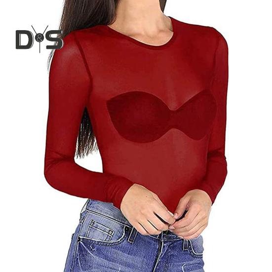 Tricou de damă cu gât rotund, mânecă lungă, croială slim, pulover, topuri din fir plasă transparent, topuri de bază pentru purtare zilnică