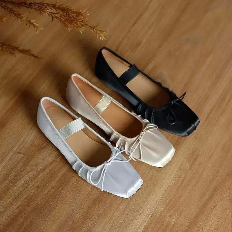 French Silk Ballet Flats Women's Elastic Mary Janes Comfortable Flat Head Square Low Cut Grandma Shoes High Heel Single Shoes