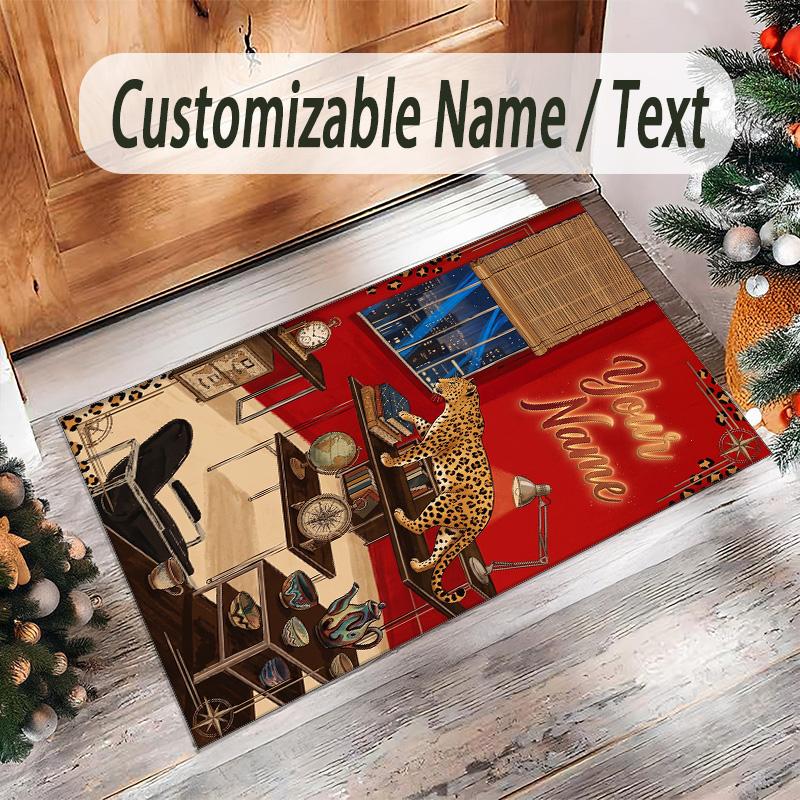Leopard Theme Crystal Velvet Floor Rug Personalized Custom Name Text Warm Carpet Home Decoration