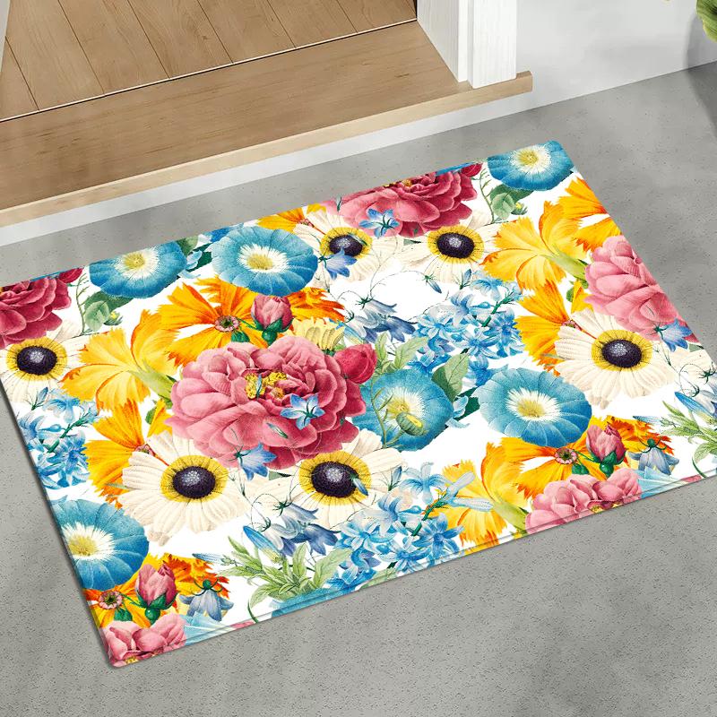 3D Colorful Flowers Flannel Doormat Absorbent Mat for Bedside Entrance Kitchen Floral Rug Home