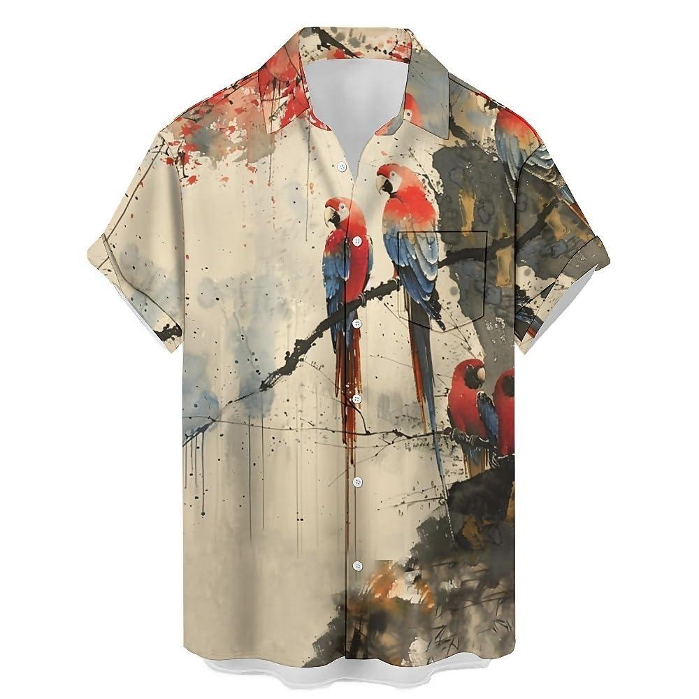 2025 New Men's Shirt 3d Fashion Casual Parrot Bird Print Hawaiian Lapel Button Shirt Short Sleeve Top Homme Harajuku Ropa Hombre