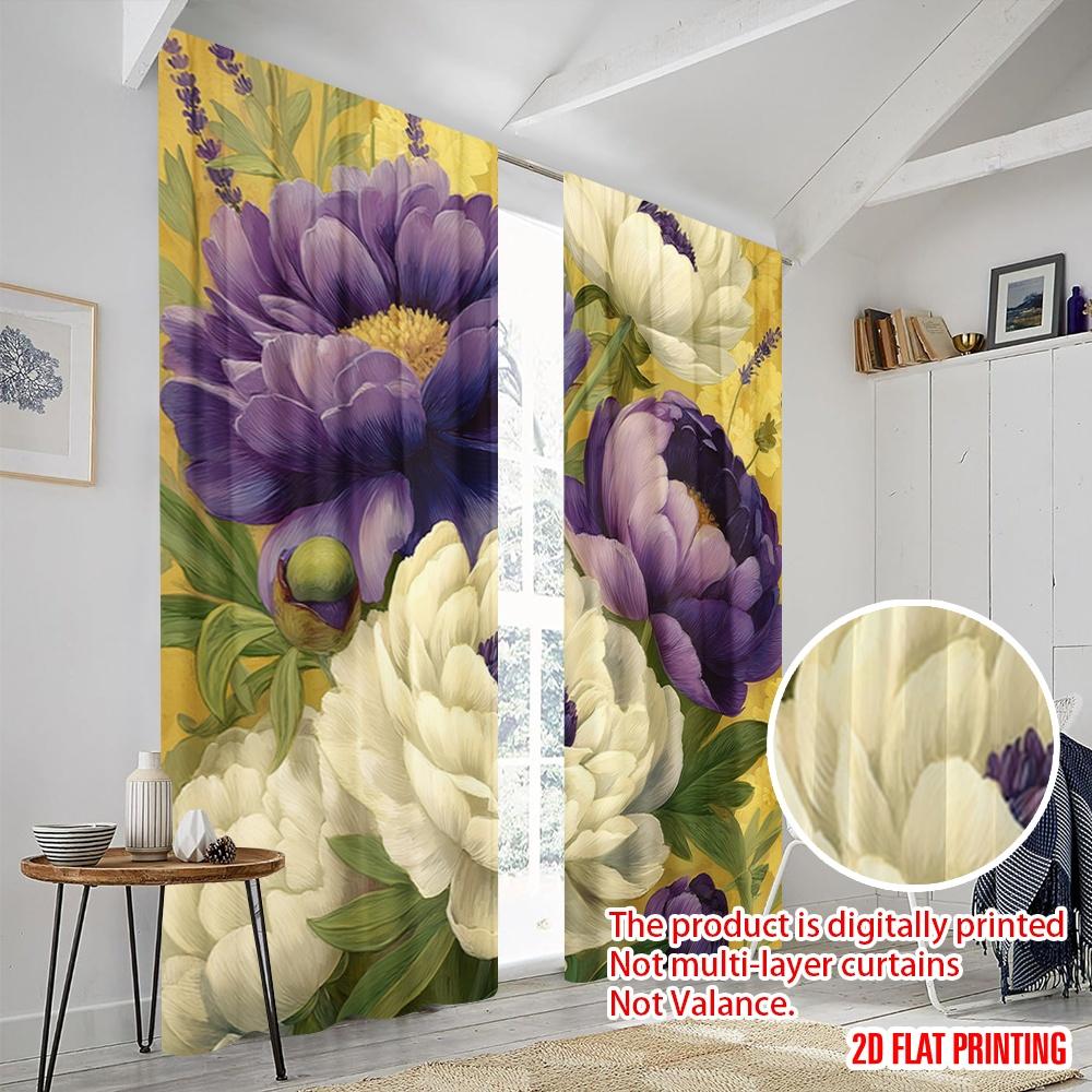 2pcs,2D Plane Printing Minimalist Curtains Vibrant Floral Blooms Polyester Easy Install (without Rod) Festive Use for Bedroom,