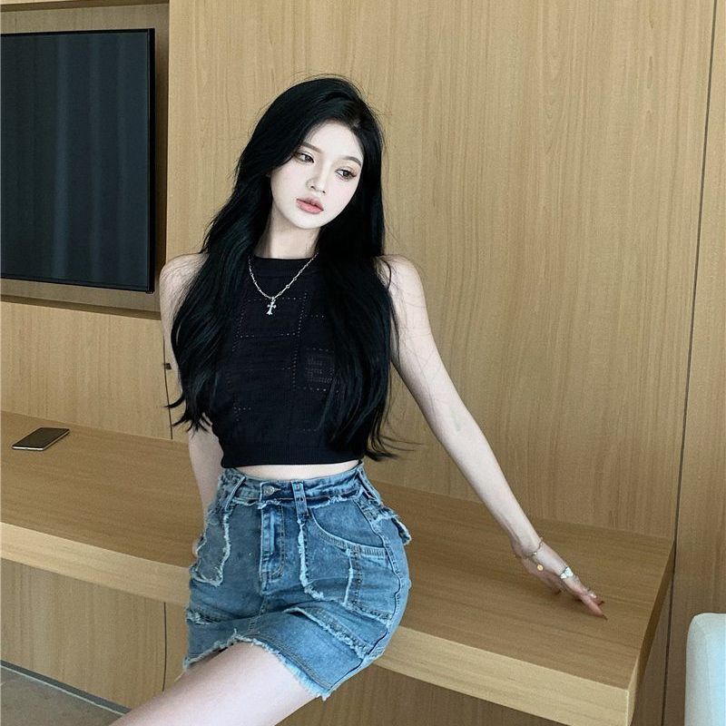 Halter Camisole Tank Top Women's Knitted Inner Wear Summer Elegant Sexy Hollow-out Slim Fit Versatile Short Top
