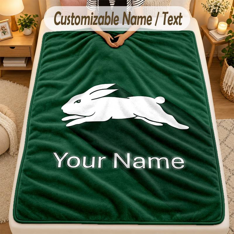 Flannel BlanketSouth Sydney Rabbitohs Custom Name Text Personalized Soft Warm Throw Blanket Home Decor Gift