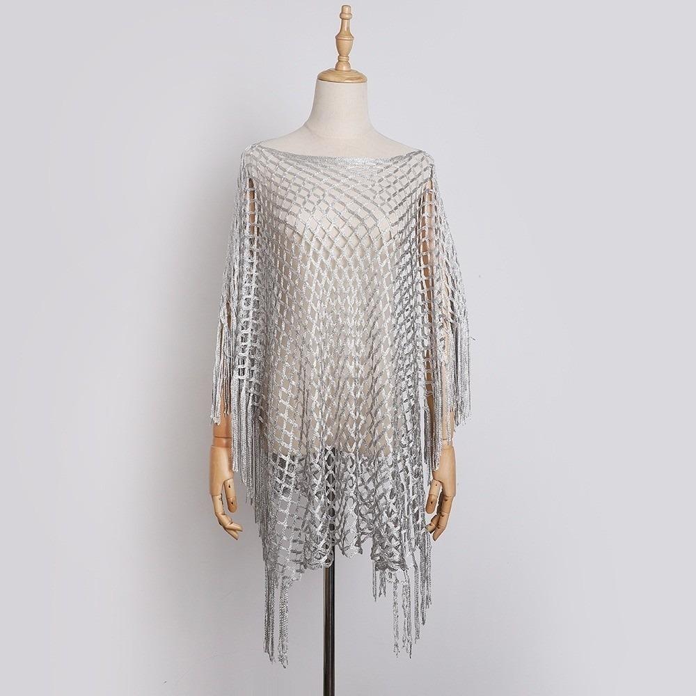 

Versatile Hollow Out Pareo Solid Color Beach Cover Up Casual Long Sleeve Cover Up for Women срібний