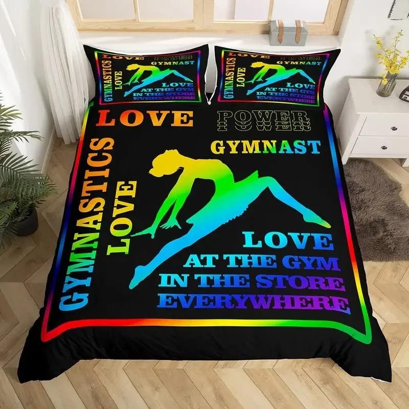 Neon Pink Gymnastics Ballet Dance Bedding Set, Love Gymnastics Theme Duvet Cover Set Polyester Quilt Cover